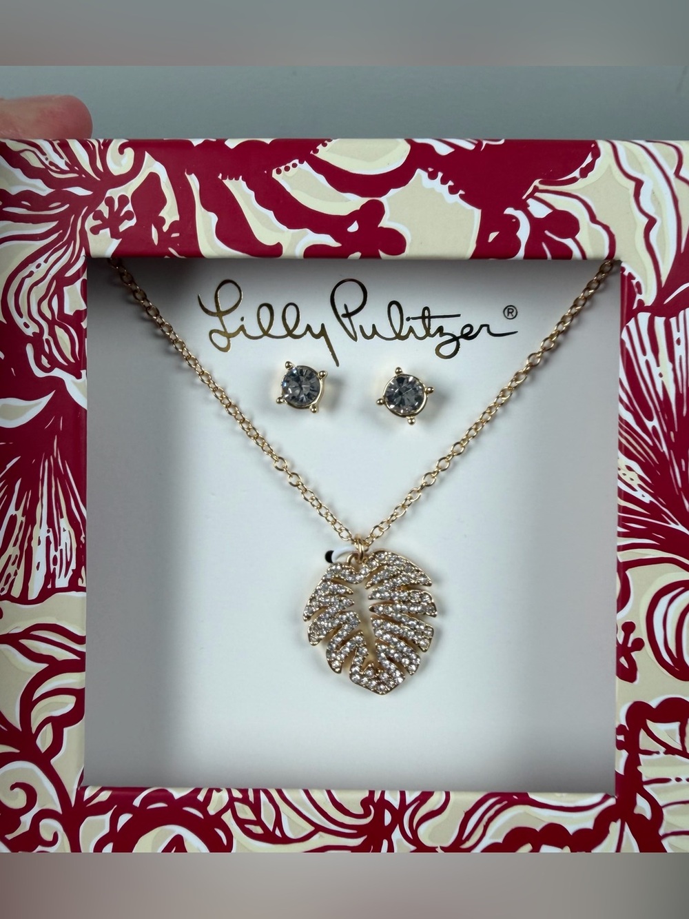 NEW Lilly Pulitzer EARRINGS NECKLACE SET Palm Leaf Gift GWP Gold Crystal Coastal